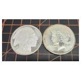*X2 1 tr oz 999 silver rounds peace & buffalo