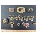 Assorted Vintage Pins, Bracelet, Belt Buckle