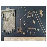 Gold Tone Purse, Chains, Locket,  Pins, Earrings,