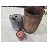 Nail Keg, gas can, tobacco can, and steel bucket