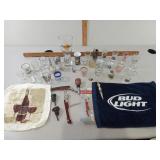 Assorted Shot Glasses, Bud Light Towel,