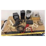 Assorted cords, electronics, lantern, Ambico