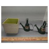 Miniature watering cans and small ceramic planter
