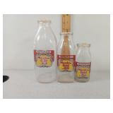 3- Meadow Gold Glass Milk Bottles,  One Quart,