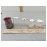 *5- Glass Miniature Milk Bottles, 1-2oz, 1- Wood?