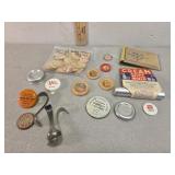 Milk bottle tops, stickers, and spoons