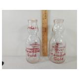 2- Meadow Gold Cream Top Glass Milk Bottles,