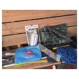Tarp, LED light, ice scraper, dust mop +++