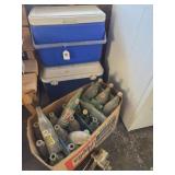 2 coolers, old glass pop bottles, meat grinder