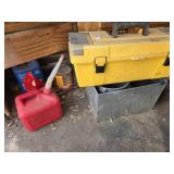 Toolbox, gas can, funnels, metal box