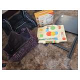 TV tray, musical busy box, tote bags, dressmaker