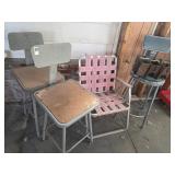 Metal shop stools, lawn chair, sawhorse brackets