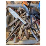 Clamp, files, multi-meter, knife + in metal tray