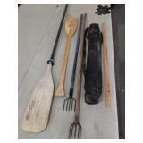 >Fishing rod case, frog spears & oars