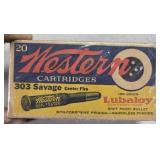 Western 303 Savage antique ammo box with some