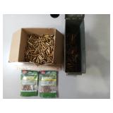 .223 Brass Casings, 22 Cal Bullets, metal ammo can