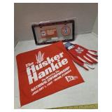 Husker Hankie, new gloves, license plate frame