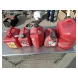 5x Gas Cans, Some with Contents, 2x 2 Gal, 1 Gal,