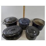 Enamel Roaster & 4 Waterbath Canners, 3 with Lids