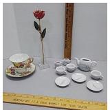 Gold tipped rose, Vase, handpainted cup & Dish &