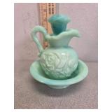 Avon Green Glass Pitcher and Basin Bowl