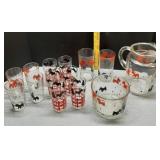 Scottie Dog glass pitcher, bowl & glasses