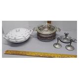 Fukagawa  & Pyrex covered dishes & serving cradle
