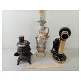 3 Whiskey Decanters, Potbelly Stove, Old Phone,