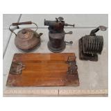 Wood clipboard brass blowtorch tea kettle number