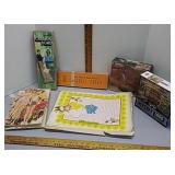 Paper dolls 1950's, cribbage boards, puzzles &