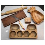 Vintage wood coin tray, rolling pin,cabbage