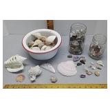 Sea Shells, polished rocks, Jars & enamel bowl