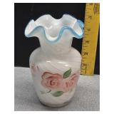 Fenton White Swirl Glass Vase Aqua Blue Ruffled