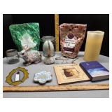 Bath salts, kitten musical egg, painted rabbit, +