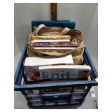 Quilting, knitting & cooking books in milk crate