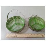 2 Uranium Glass Divided Candy & Nut Dishes with
