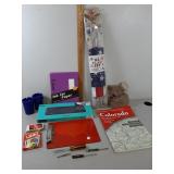 American flag, Atlas, keyboard & other