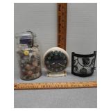 Lux Chilton art deco clock, jar of buttons &