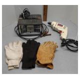 Battery charger,  electric drill & work gloves