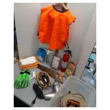 Tools, tote, gloves, glasses, straps & drill &