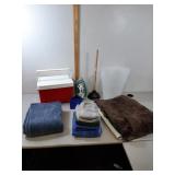 Cooler, towels, trash can ,iron & other