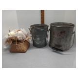 Galvanized pails & woven basket w/ fall Decor