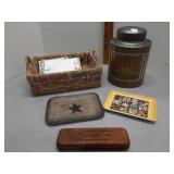 Woven basket, canister , wood pens & other