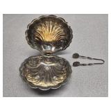 Clam dish and tongs, tongs marked stelring