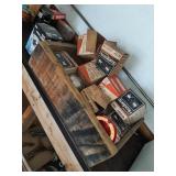 Wood crate,  sealed beam car headlamps & other
