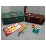 2 vintage metal tackle boxes & contents: Liberty