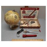 Small globe,  mini mag Lite, paper opener & other