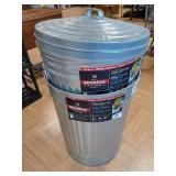 > Two 31 gallon galvanized trash cans w/ lids