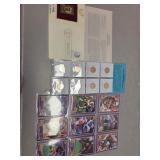 Cards, mint medals, stamp