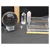Crystal sphere, clear & rose quartz towers,